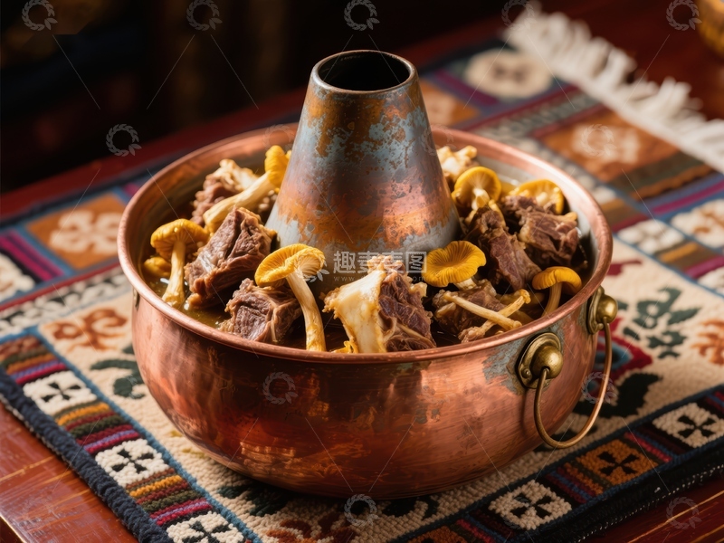 高清大图下载【趣麦麦图】铜锅炖肉与蘑菇的美食特写