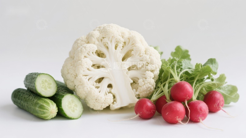 高清大图下载【趣麦麦图】新鲜蔬菜组合：花椰菜、黄瓜与樱桃萝卜