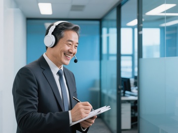 商务人士佩戴耳机记录笔记