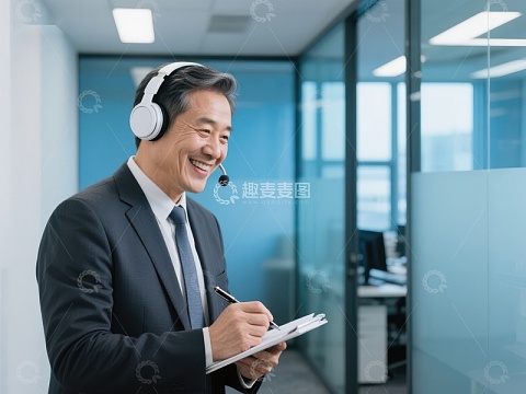 商务人士佩戴耳机记录笔记