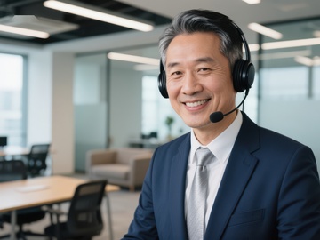 商务男士佩戴耳机微笑