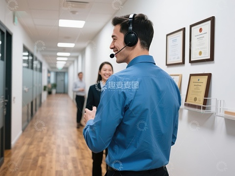 办公室走廊中的员工交流