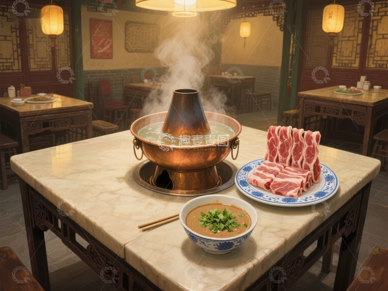 高清大图下载【趣麦麦图】热气腾腾的火锅与食材