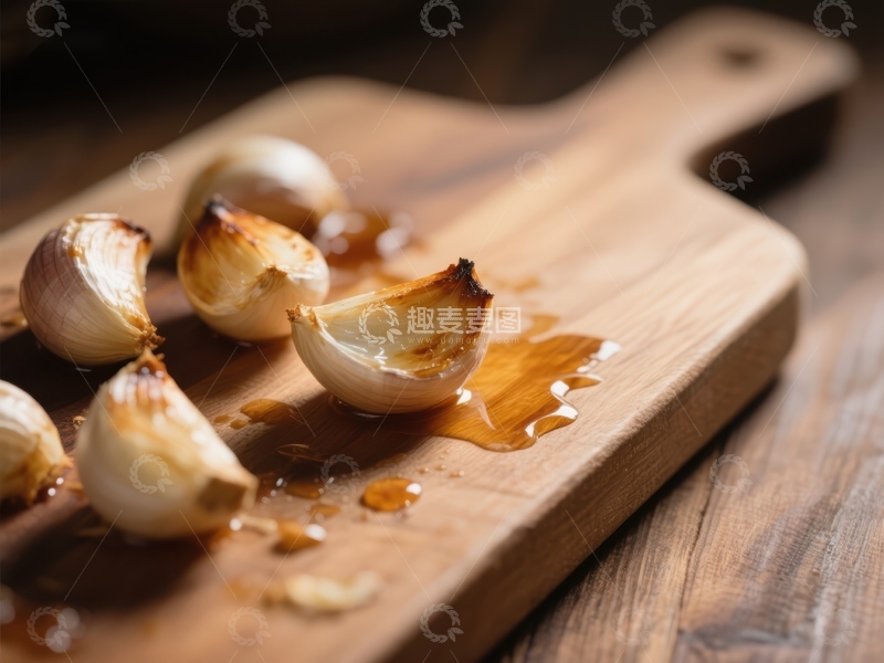 高清大图下载【趣麦麦图】烤制大蒜瓣置于木质砧板上