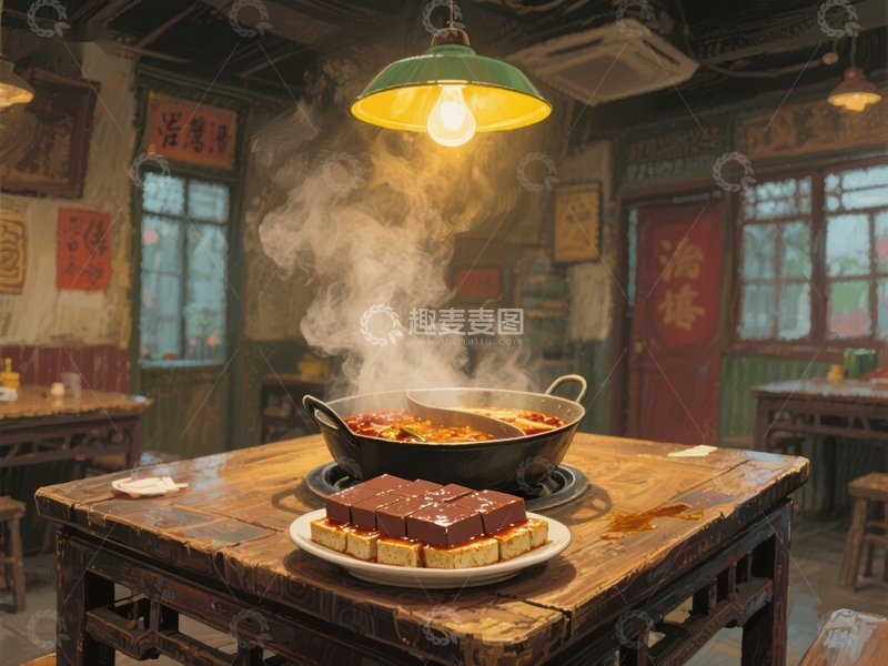 高清大图下载【趣麦麦图】热气腾腾的火锅与豆腐