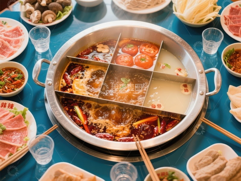 高清大图下载【趣麦麦图】-火锅盛宴：四格锅底搭配丰富食材