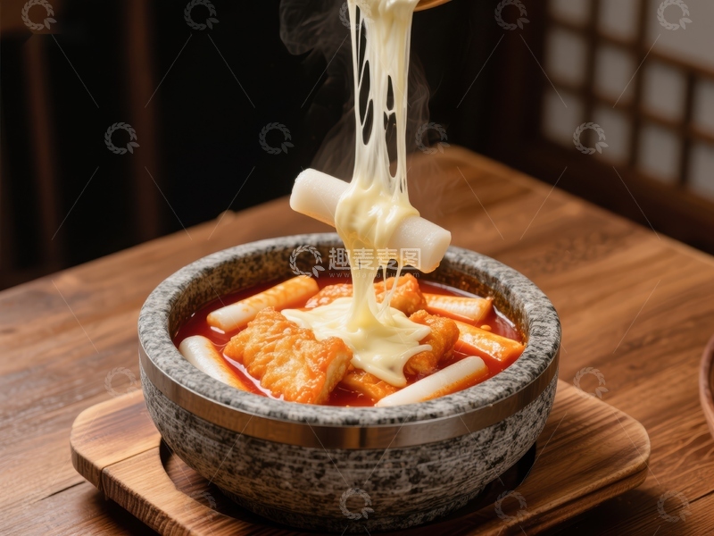 高清大图下载【趣麦麦图】芝士拉丝炒年糕，热气腾腾