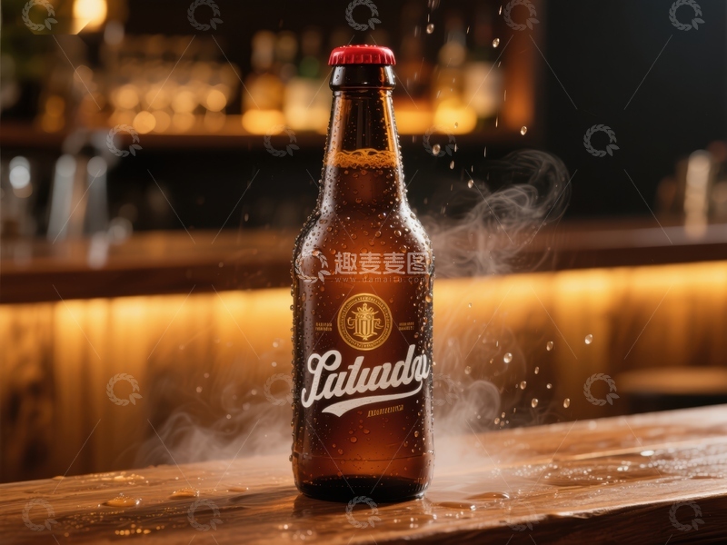 高清大图下载【趣麦麦图】冰镇啤酒瓶置于木质吧台