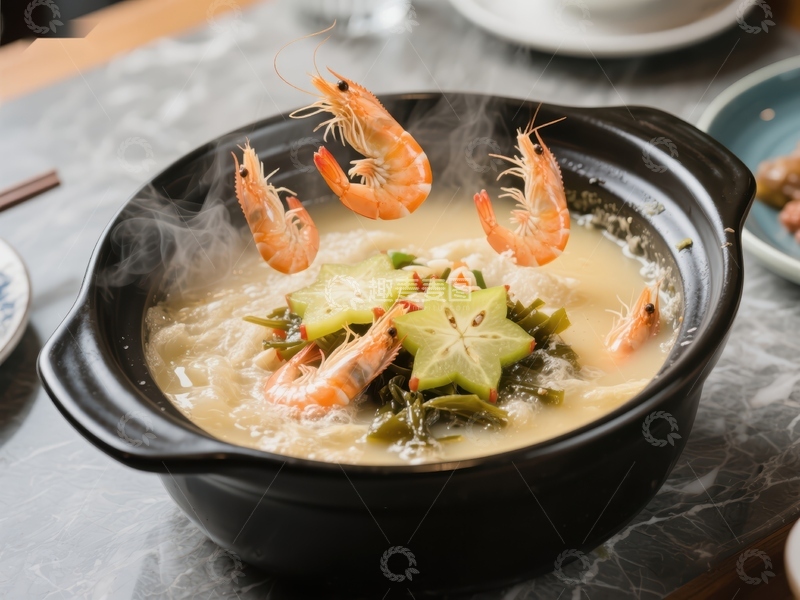 高清大图下载【趣麦麦图】热气腾腾的海鲜汤，鲜虾与杨桃点缀