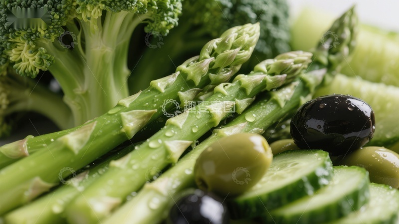 高清大图下载【趣麦麦图】新鲜蔬菜特写：芦笋、西兰花与橄榄