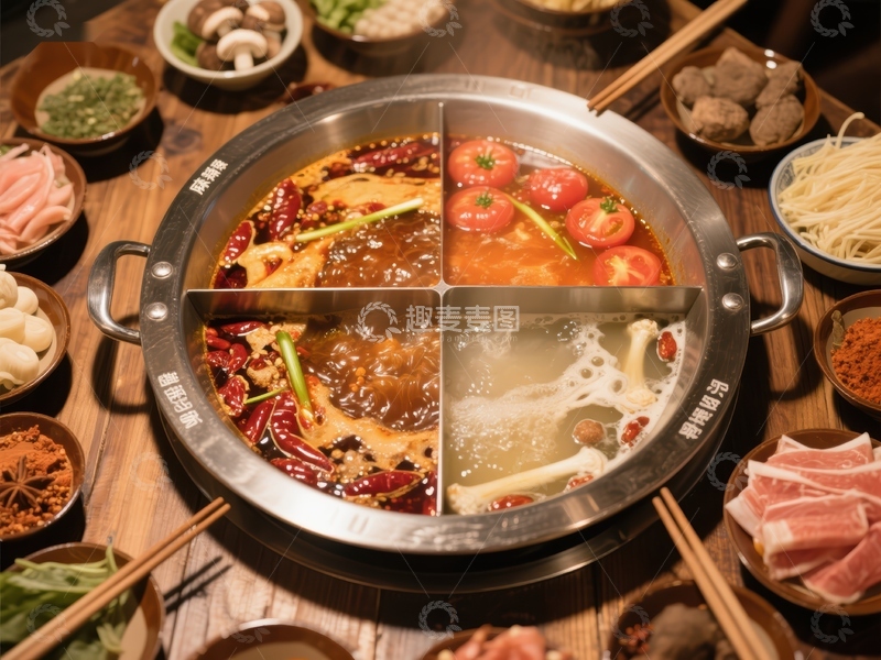 高清大图下载【趣麦麦图】四格火锅，美味食材环绕