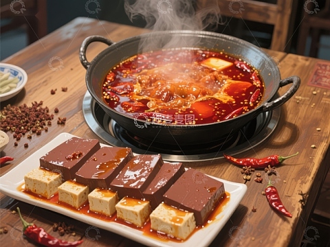 麻辣火锅配豆腐，热气腾腾美食