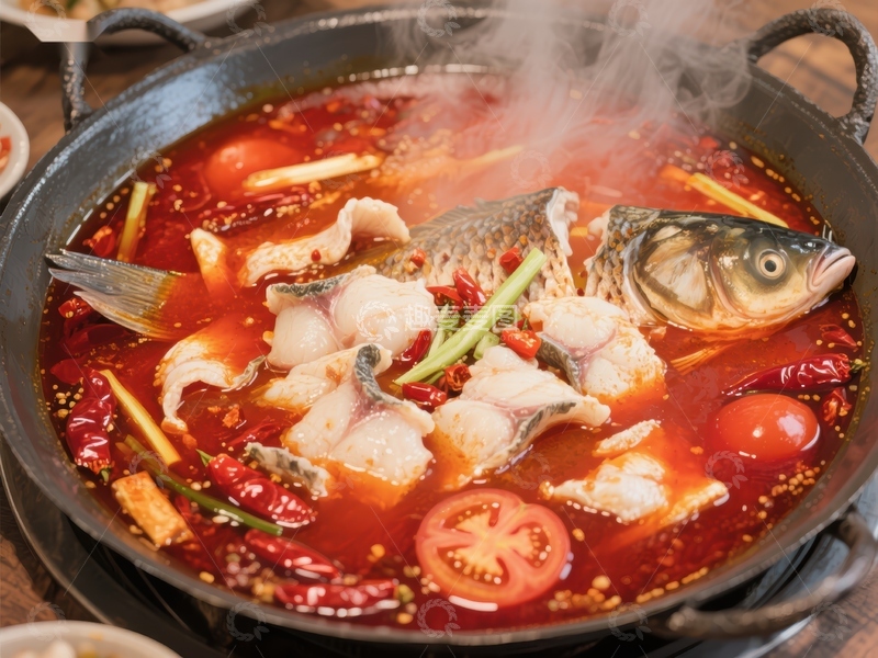 高清大图下载【趣麦麦图】麻辣鱼火锅，热气腾腾的美味