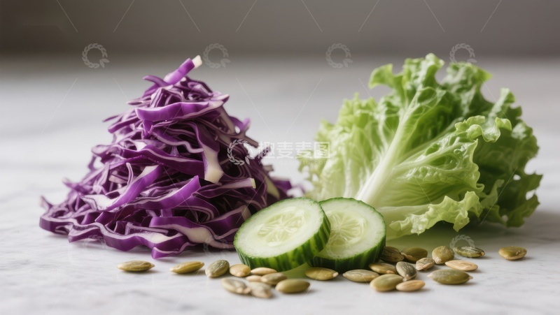 高清大图下载【趣麦麦图】新鲜蔬菜组合：紫甘蓝、生菜与黄瓜