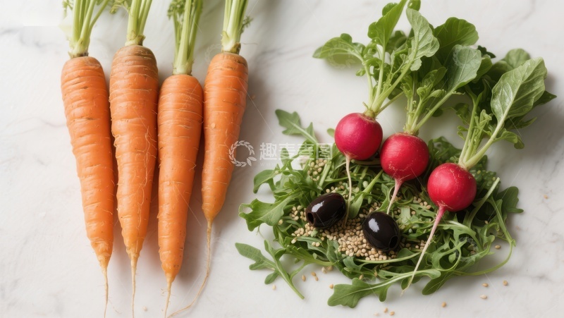 高清大图下载【趣麦麦图】新鲜胡萝卜与樱桃萝卜的静物组合