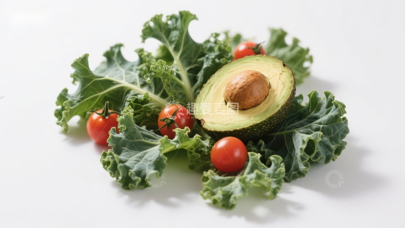 高清大图下载【趣麦麦图】新鲜牛油果与樱桃番茄、羽衣甘蓝的组合
