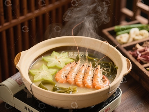 热气腾腾的海鲜蔬菜汤