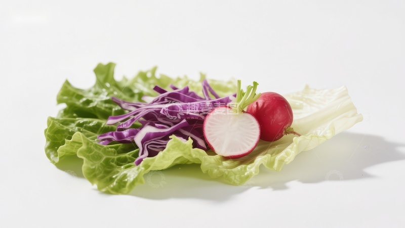 高清大图下载【趣麦麦图】新鲜蔬菜组合：生菜、紫甘蓝与萝卜
