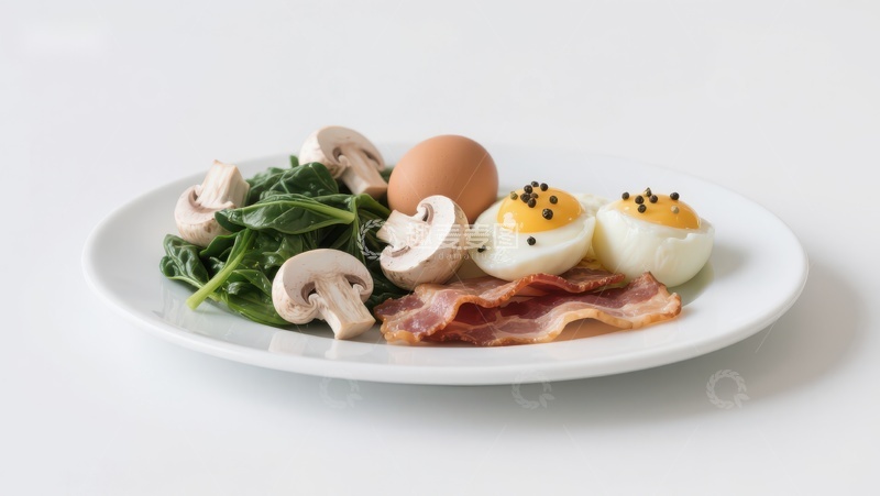 高清大图下载【趣麦麦图】早餐盘：水煮蛋、蘑菇、菠菜与培根