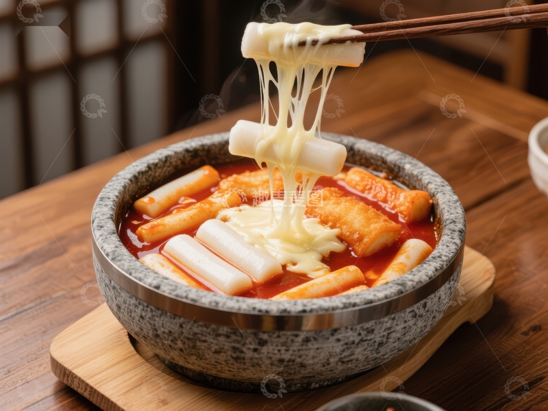 高清大图下载【趣麦麦图】热辣年糕火锅，拉丝芝士诱人