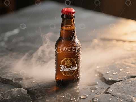 冰镇啤酒瓶置于石板上