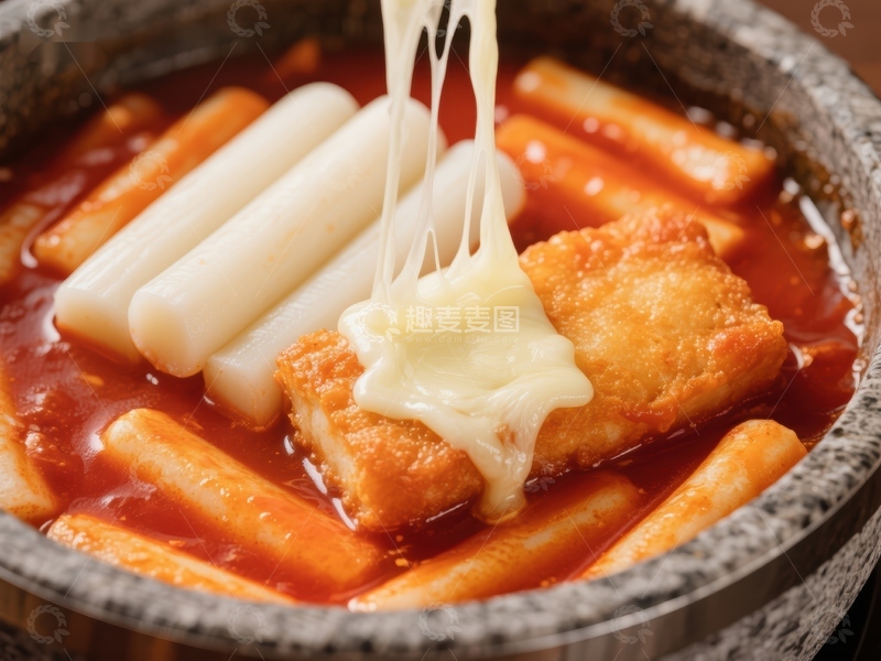 高清大图下载【趣麦麦图】芝士年糕锅，浓郁酱汁与拉丝奶酪