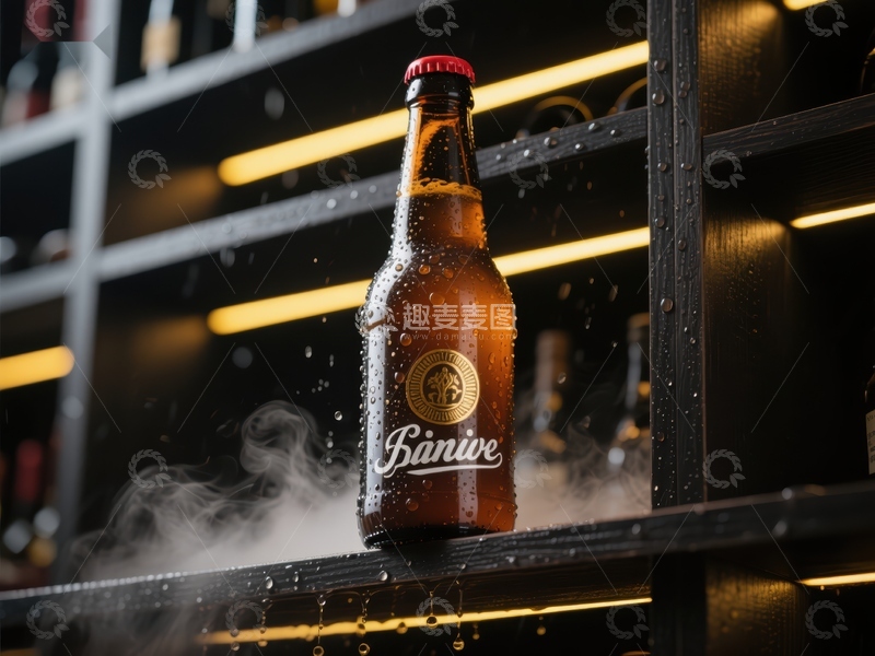 高清大图下载【趣麦麦图】冰镇啤酒瓶置于金属货架