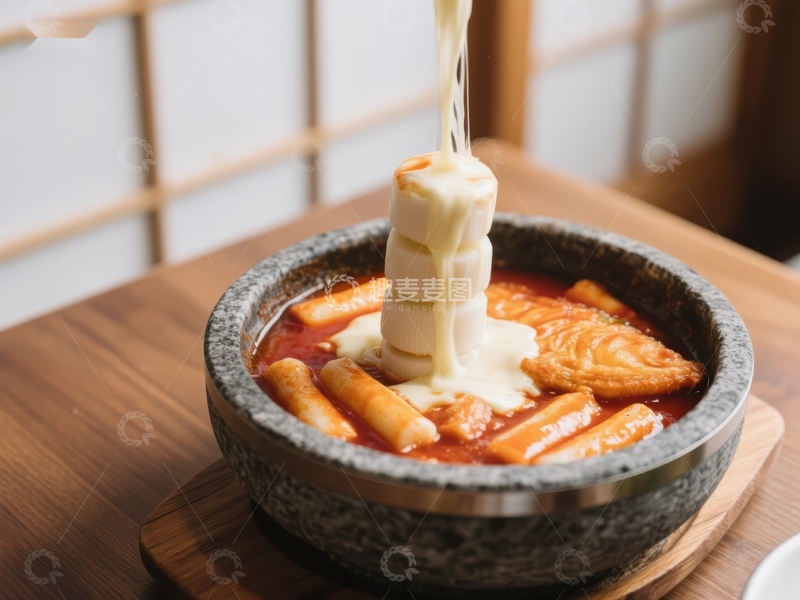 高清大图下载【趣麦麦图】热石锅年糕火锅，浓郁芝士拉丝