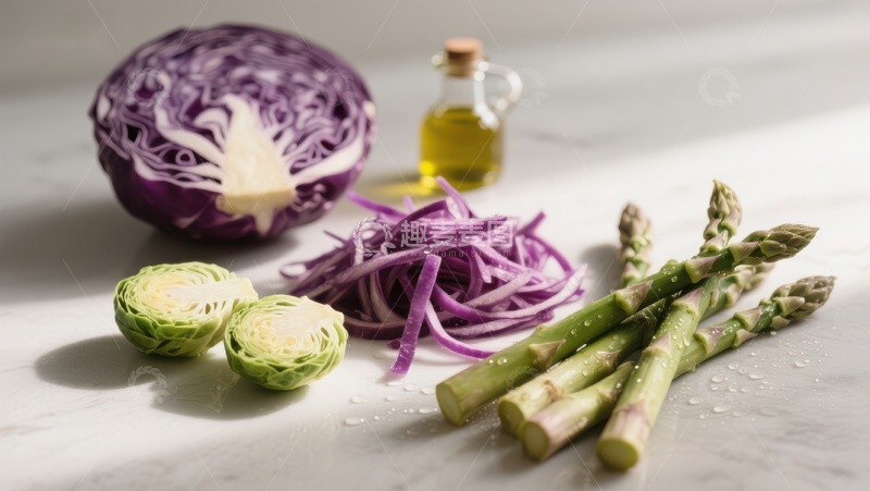 高清大图下载【趣麦麦图】新鲜蔬菜组合：紫甘蓝、芦笋与橄榄油