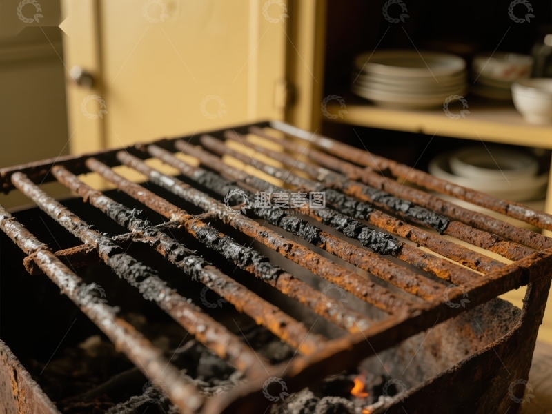 高清大图下载【趣麦麦图】烤架上的炭痕与厨房背景