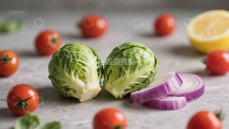 高清大图下载【趣麦麦图】新鲜蔬菜组合：卷心菜、洋葱与樱桃番茄