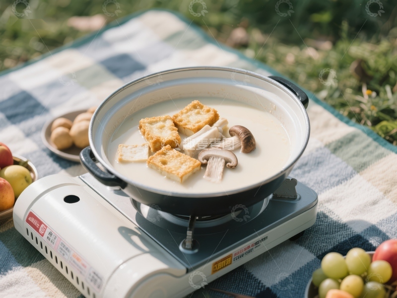 高清大图下载【趣麦麦图】户外野餐烹饪，热锅豆腐蘑菇汤