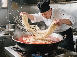 厨师翻炒面条制作美食