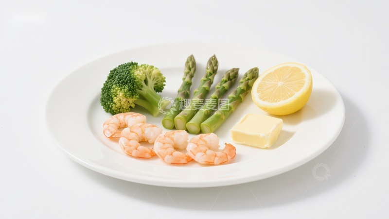 高清大图下载【趣麦麦图】虾仁、芦笋、西兰花与柠檬的健康搭配