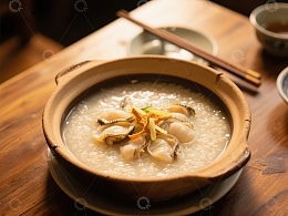 海鲜粥盛于陶碗中