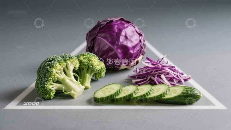 高清大图下载【趣麦麦图】新鲜蔬菜组合：西兰花、紫甘蓝与黄瓜