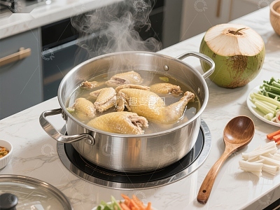 热气腾腾的鸡肉汤正在锅中炖煮