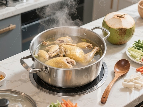 热气腾腾的鸡肉汤正在锅中炖煮