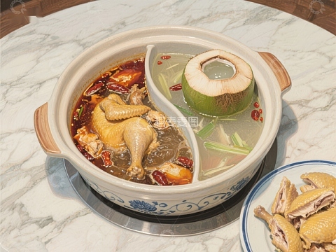 鸳鸯火锅：麻辣鸡肉与椰汁清汤的完美结合