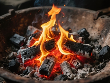 燃烧的木炭与火焰