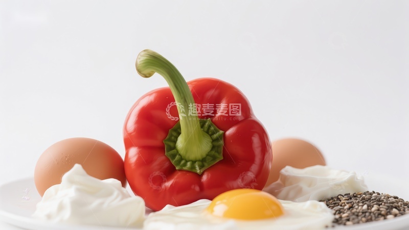 高清大图下载【趣麦麦图】红椒鸡蛋与酸奶的健康早餐组合
