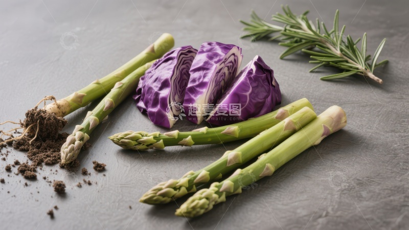 高清大图下载【趣麦麦图】新鲜芦笋与紫甘蓝的静物组合