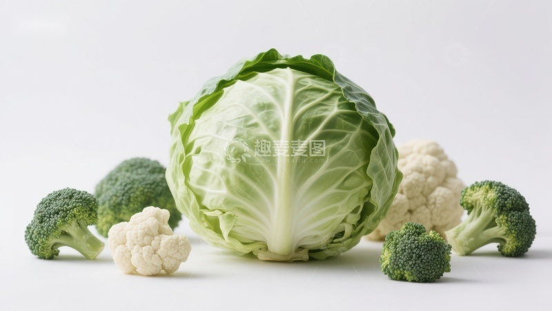 高清大图下载【趣麦麦图】新鲜蔬菜组合：卷心菜、西兰花和花椰菜