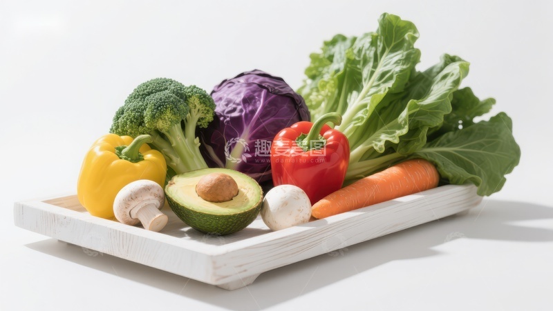 高清大图下载【趣麦麦图】新鲜蔬菜摆放在木质托盘上