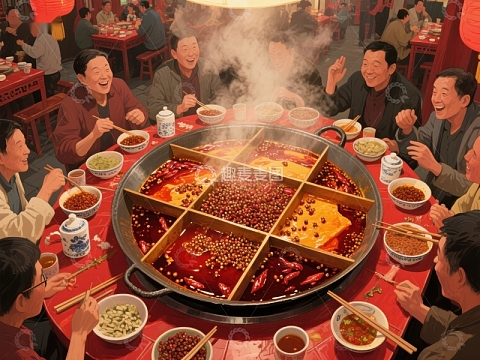 多人围坐享用九宫格火锅