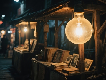 夜市书摊，暖灯映衬旧时光