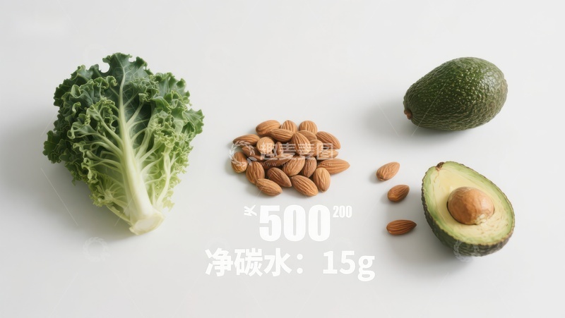 高清大图下载【趣麦麦图】-健康食材组合：羽衣甘蓝、杏仁与牛油果