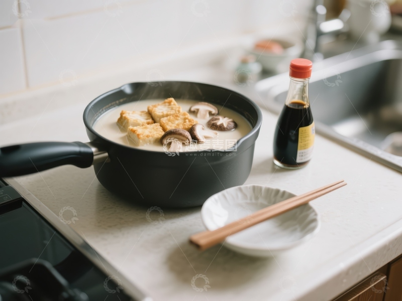 高清大图下载【趣麦麦图】-厨房中的豆腐蘑菇汤