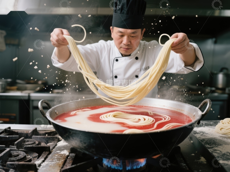 高清大图下载【趣麦麦图】厨师抛洒面条制作美食