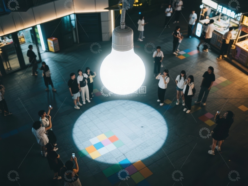 高清大图下载【趣麦麦图】广场上的人群围绕发光灯泡装置